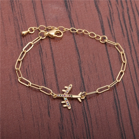Flugzeug Anhänger Armband Bunter Zirkon Kupfer Büroklammer Kette Verstellbar Hip Hop Schmuck