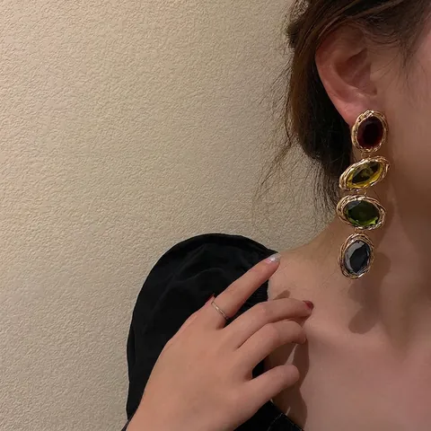 Retro Übertriebene Ohrhänger Legierung Bunte Ovale Geometrische Strass Mit 925 Sterling Silber Ohrstecker Damen