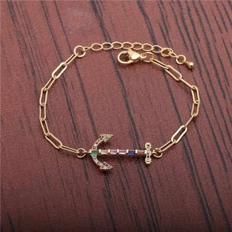 Bracciale Con Pendente Ancora Rame Placcato Oro Con Zirconi Colorati Regolabile Hip Hop Gioielli Creativi Per Donne Uomini