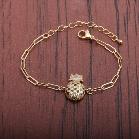 Bracciale In Rame Con Ciondolo A Forma Di Ananas In Zirconia Colorata Placcato Oro Catena A Graffetta Regolabile