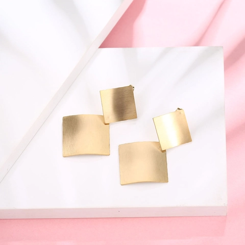 Geometric Double Square Stud Earrings Women Stainless Steel Gold Plated Brushed Finish Minimalist Rhombus Drop Jewelry
