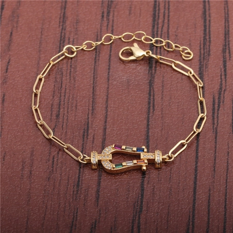 Horseshoe U Shape Copper Bracelet Colorful Zircon Micro Pave Paperclip Chain Adjustable Fashion Jewelry For Women