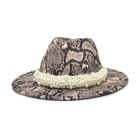 Cappello Fedora Jazz In Lana Con Stampa Serpente E Decorazione Di Künstliche Perle Artificiali Tesa Larga Elegante Donna Uomo