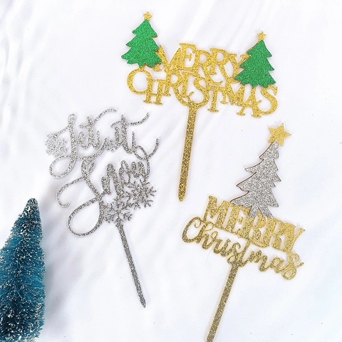 Decoración De Pastel Feliz Navidad Acrílico Con Brillo Let It Snow Copo De Nieve Árbol De Navidad Para Fiesta Postre