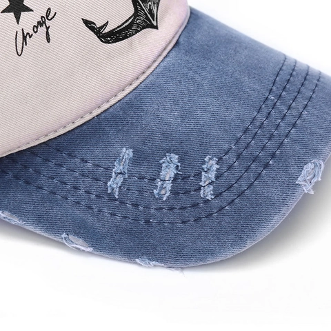 Gorra De Béisbol De Algodón Vintage Color Block Visera Desgastada Estampado De Ancla Sombrero Sol Ajustable Hombre Mujer