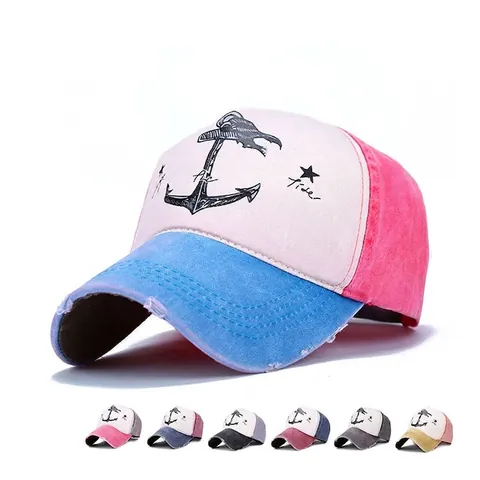 Gorra De Béisbol De Algodón Vintage Color Block Visera Desgastada Estampado De Ancla Sombrero Sol Ajustable Hombre Mujer