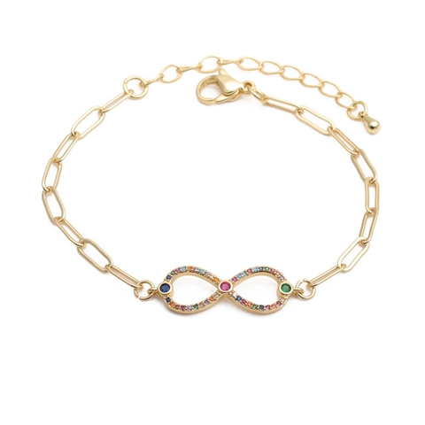 Infinity Symbol Bracelet Colorful Zircon Gold Plated Copper Adjustable Paperclip Chain Hip Hop Style Women Jewelry