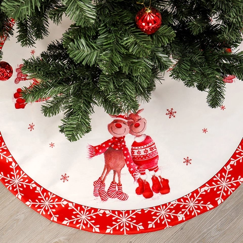 Falda Para Árbol De Navidad Redonda Rojo Blanco Reno Patrón Copo De Nieve Decoración De Suelo Festivo Hogar Franela