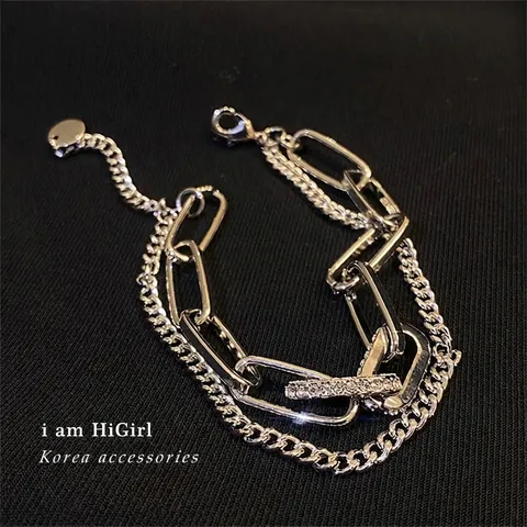 Layered Alloy Rhinestone Bracelet Geometric Paperclip Curb Chain Adjustable For Women Fashion Hip Hop Style