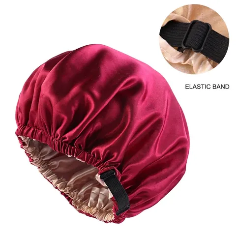 Adjustable Double Layer Satin Sleep Bonnet Nightcap Reversible Satin Texture Hair Care Hat For Women Solid Color Comfort