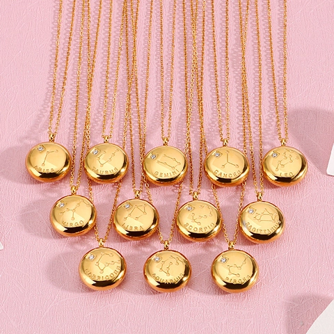 Zodiac Pendant Necklace Gold Plated Stainless Steel Round Coin Constellation Star Map Engraved Zircon Fashion Jewelry Gift