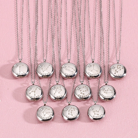 Collier Constellation Signes Du Zodiaque En Acier Inoxydable Pendentif Galet Rond Zircon Incrusté Pour Femmes