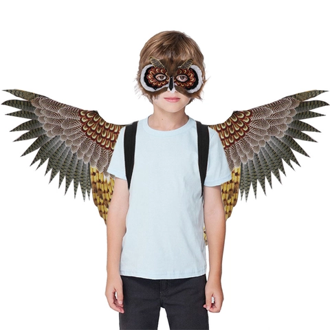 Kids Owl Costume Set Printed Wings And Faux Fur Mask For Halloween Carnival Cosplay Party Dress Up