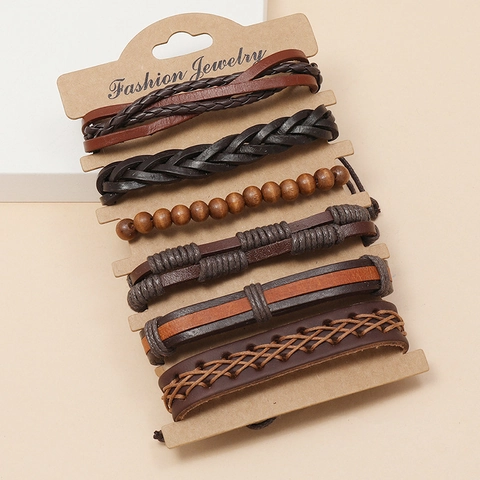 Pulseras De Cuero Trenzado Punk Vintage Para Hombres Con Cuentas De Madera Cordón De Cera Joyería Hip Hop Étnica Ajustable