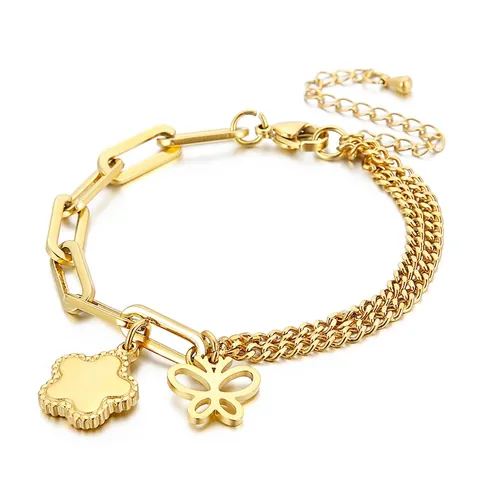 Pulsera Colgantes Mariposa Flor Acero Inoxidable Asimétrica Cadena Paperclip Y Doble Fila Joyería Ajustable Para Mujeres