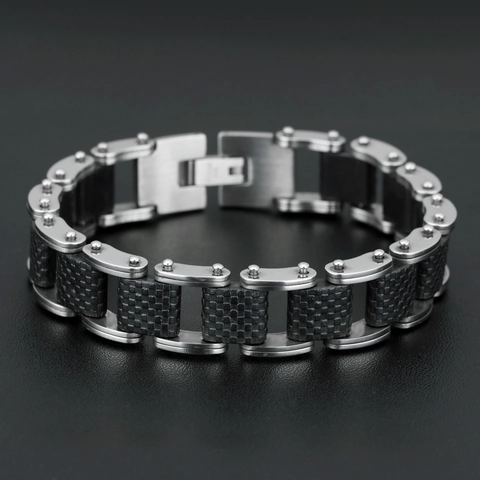 Bracciale Da Uomo In Acciaio Inossidabile E Silicone Catena Meccanica Gioielli Industriali Nero Argento