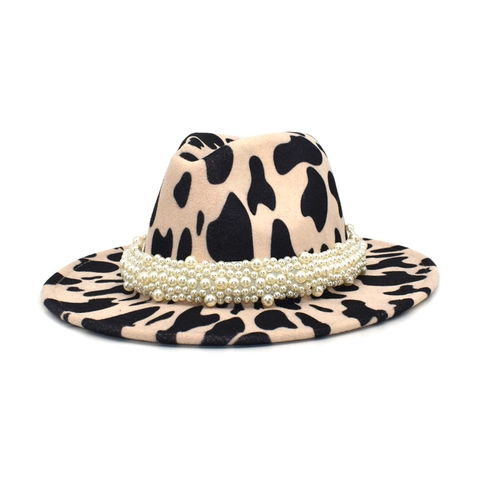 Cappello Fedora Con Stampa Animalier Mucca Leopardo In Feltro Di Lana A Tesa Larga Con Fascia Di Künstliche Perle Da Donna Moda Invernale