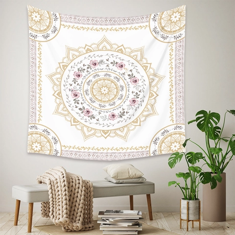 Tapiz Bohemio De Mandala Y Rosa Flor Poliéster Decoración De Pared Para Dormitorio Sala De Estar Adorno Artístico Para El Hogar