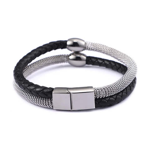 Men Double Layer Bracelet Stainless Steel Mesh Chain And Braided Leather Cord With Magnetic Clasp Trendy Jewelry