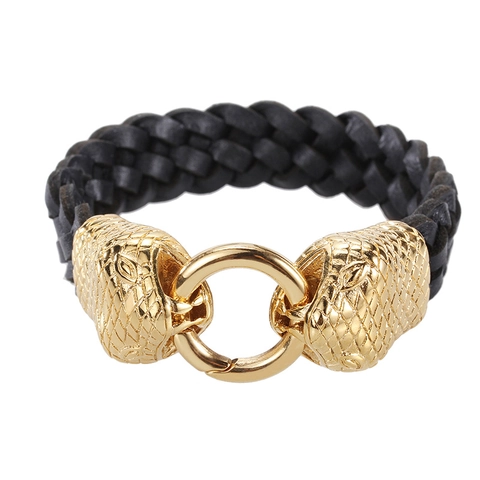 Men's Woven Leather Bracelet With Titanium Steel Dual Snake Head Buckle Punk Rock Totem Jewelry