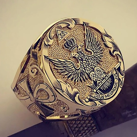 Men Vintage Alloy Signet Ring Gold Plated Double Headed Eagle Masonic Scottish Rite Style Hip Hop Jewelry
