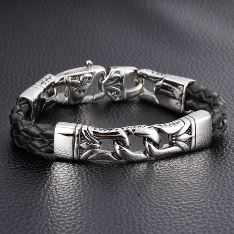 Bracciale In Pelle Intrecciata Da Uomo Acciaio Inossidabile Totem Intagliato Punk Gotico Gioielli