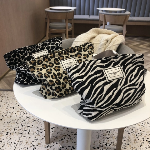 Neceser Para Mujer De Tela Jacquard Con Estampado Animal Leopardo Cebra Cartera De Mano Maquillaje Cremallera Bolso De Viaje