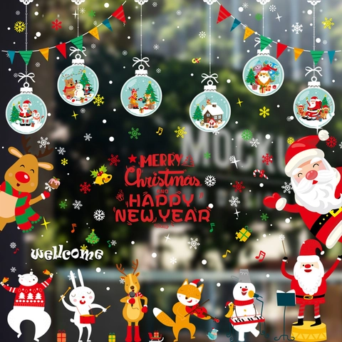 Christmas Window Stickers Santa Claus Reindeer Snowman PVC Waterproof Decals Glass Door Showcase Holiday Party Home Decor