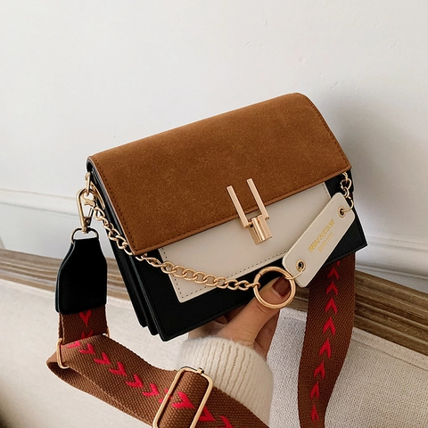 Borsa Tracolla Donna Pelle PU Satinata Scamosciata Color Block Borsa Spalla Quadrata Tracolla Larga Catena Metallo