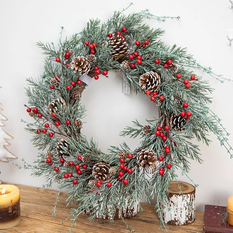 Christmas Wreath Artificial Frosted Pine Needles Natural Pine Cones Red Berries Front Door Wall Hanging Decor Ornament
