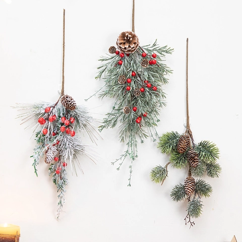Christmas Decoration Swag With Artificial Pine Needles Natural Pine Cones Red Berries Snow Effect Festive Wall Hanging
