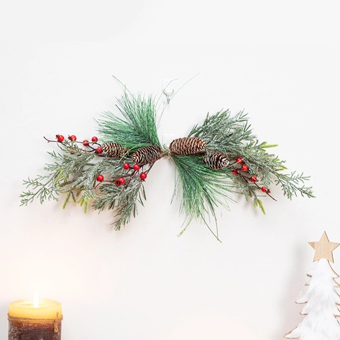 Weihnachts Wandbehang Deko PVC Tannennadeln Natürliche Tannenzapfen Rote Beeren Gefrosteter Nordischer Stil Haus Dekoration