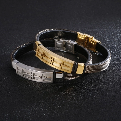 Pulsera De Latido Corazón EKG Acero Inoxidable Cuero Trenzado Moda Punk Joyería Para Hombres Mujeres