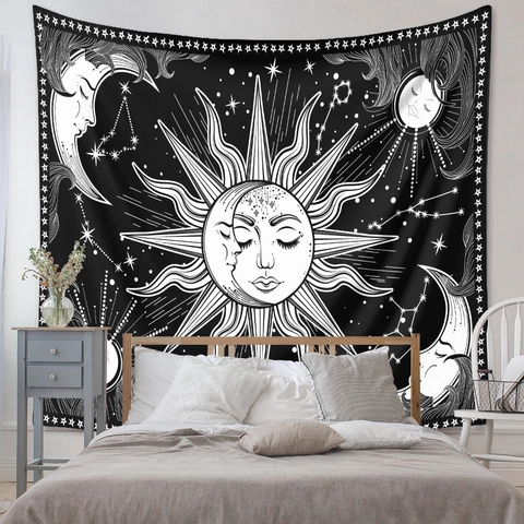Sun Moon Star Zodiac Wall Tapestry Polyester Black White Astrology Gothic Bohemian Aesthetic Bedroom Decor
