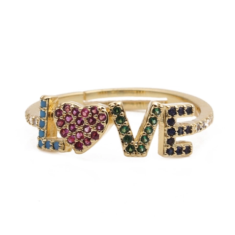 LOVE Letter Heart Ring Gold Plated Copper Multi Color Zirconia Adjustable Opening Fashion Jewelry Women
