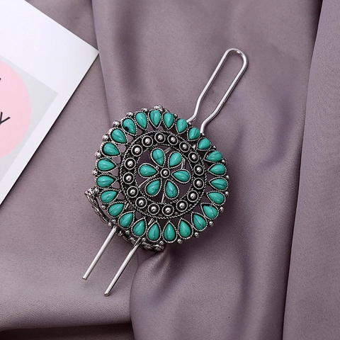 Vintage Etnische Haarspeld Retro Legering Holle Bloem Haarpun Met Turquoise Strass Voor Vrouwen Boheemse Haaraccessoires