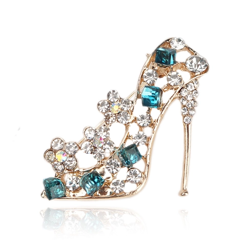 Elegante Spilla Scarpa Con Tacco Alto Lega Strass Blu Smalto Floreale Moda Gioielli Pin Per Donne