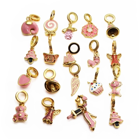 Pink Enamel Gold Plated Brass Charms Pendants For Jewelry Making DIY Bracelet Necklace Cartoon Animal Flower Heart Shapes Cute Accessory