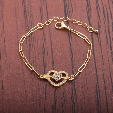 Herz Mit Pfeil Anhänger Armband Kupfer Bunte Zirkonia Micro Pave Hip Hop Verstellbar Büroklammer Kette Schmuck Damen