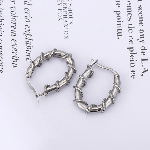 Retro Twisted Rope Hoop Earrings 316 Stainless Steel Vine Texture Polished Industrial Punk Style Jewelry Silver Color