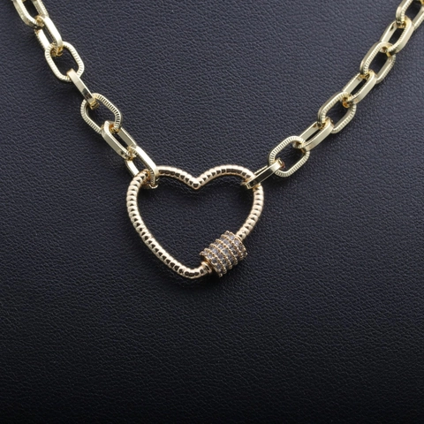 Collar Con Colgante De Mosquetón De Corazón De Cobre Zirconia Pavé Cadena De Eslabones Joyería Hip Hop Para Mujer