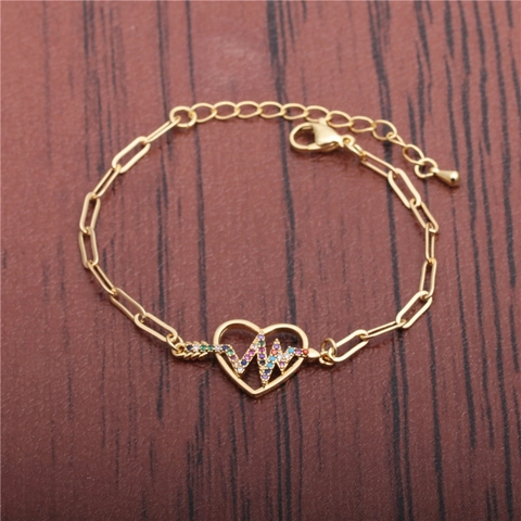 Heartbeat Heart Pendant Bracelet Gold Plated Copper Colorful Zircon Adjustable Link Chain Jewelry For Women Hip Hop Style