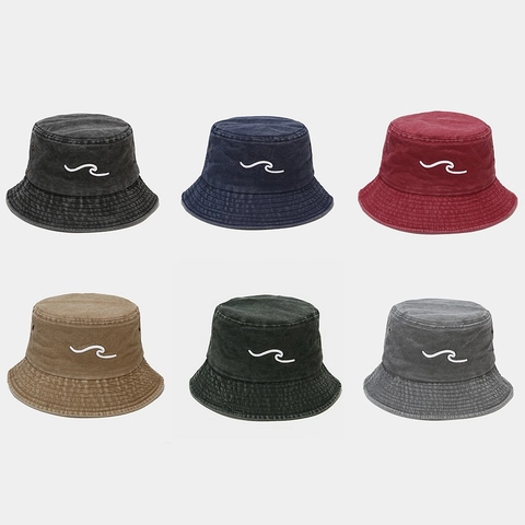 Cappello Alla Pescatora In Cotone Lavato Vintage Con Ricamo A Onde Protezione Solare All'aperto Berretto Retro Unisex