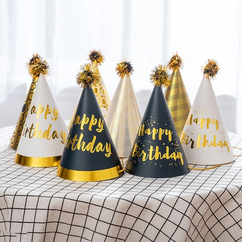 Cappello Da Festa Di Compleanno Cono Di Carta Con Pom Pon Metallico E Cinturino Elastico Per Bambini Adulti Nero Oro