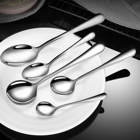 Stainless Steel Spoon Mirror Polished Round Pointed Head Coffee Dessert Soup Stirring Scoop Durable Household