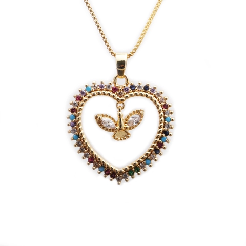 Friedenstaube Herz Anhänger Halskette Bunte Zirkonia Rheinstein Kupfer Heiliggeist Vogel Schmuck Für Damen
