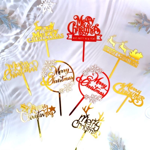 Acrylic Christmas Cake Topper Merry Christmas Reindeer Snowflake Mirror Party Holiday Decoration