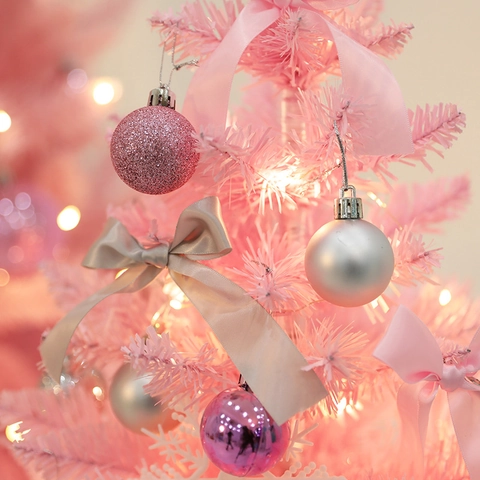 Christmas Tree Decor Ornaments Pink Blue Balls Star Topper Snowflake Bows LED Warm Lights Merry Christmas Lettering Plastic