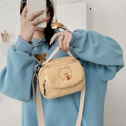 Graziosa Borsa A Tracolla In Peluche Con Ricamo Orso Piccola Borsa A Spalla In Lana D'agnello Per Donne Ragazze Dolce Accessorio