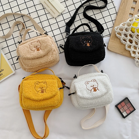 Graziosa Borsa A Tracolla In Peluche Con Ricamo Orso Piccola Borsa A Spalla In Lana D'agnello Per Donne Ragazze Dolce Accessorio